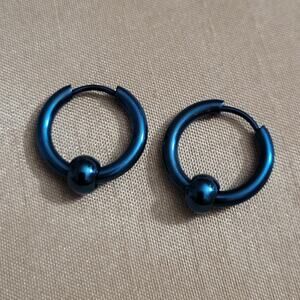 Men's blue stainless steel ball charm mini hoop earrings